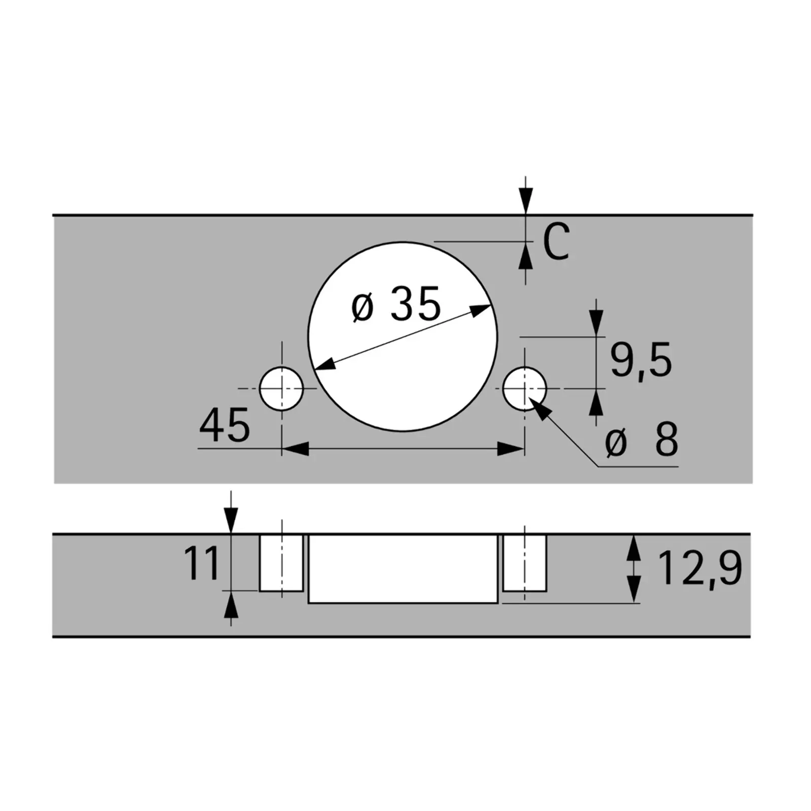 Hinge Sensys 8639i W45, with integrated silent system, with integrated silent system, Inset, with press-in, TH42 cup, with 95° opening angle. 465621.