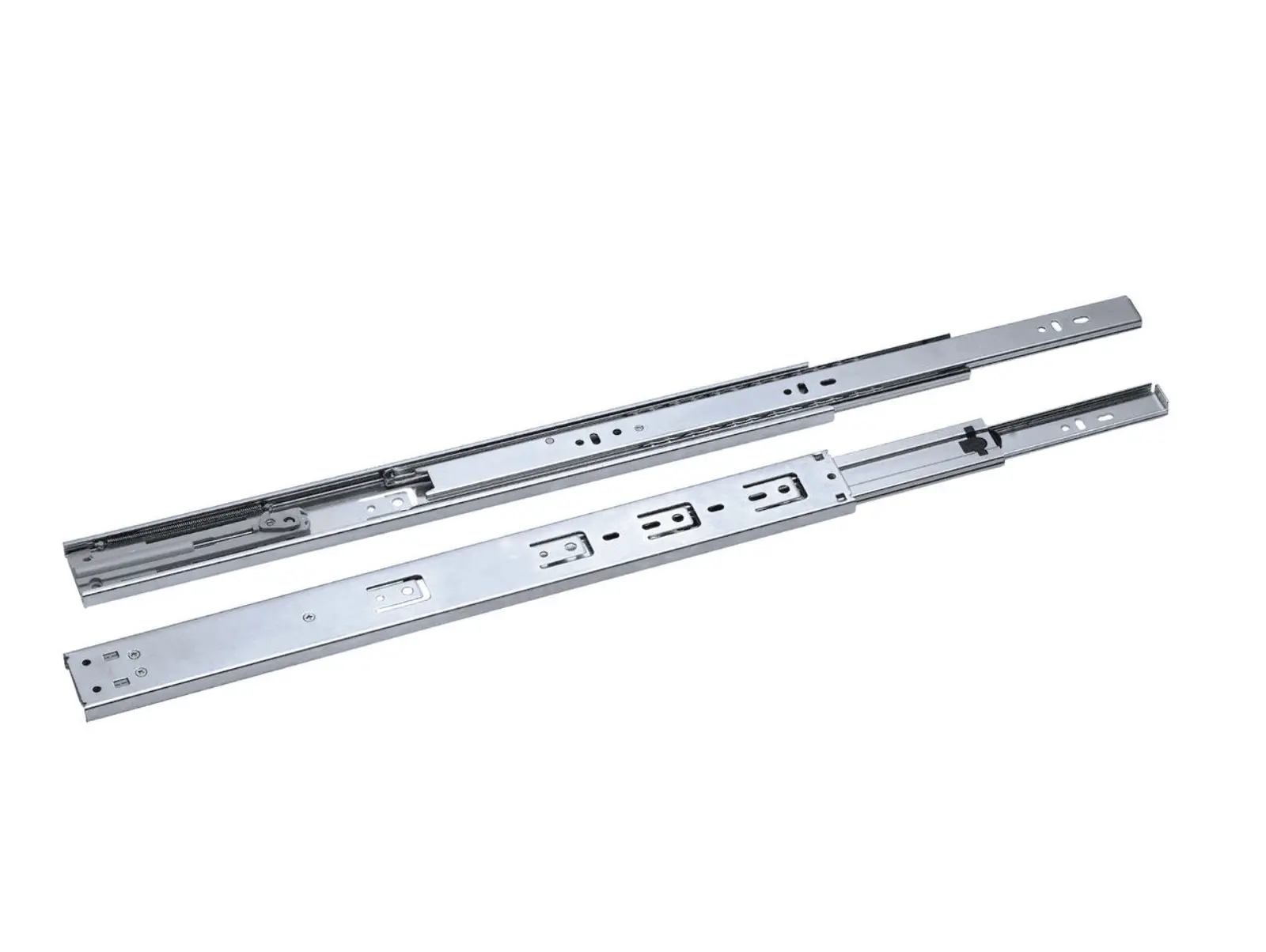 Nüvo drawer slides (sold in pair) model 56.12
Full extension innovative design drawer slide
Positive stop for fully extended drawers
Hold-In Feature to prevent bounce back
32mm hole pattern with breathing tabs
Open access design for easy cabinet installation
Side clearance: ½ (12.7mm) plus 1/32?
Steel ball bearing movement
45 kg (100lbs) load rating
Lever disconnect for easy drawer removal
Finish-Anochrome (ANO) 400mm (16"). 255140.