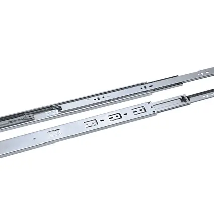 Nüvo drawer slides (sold in pair) model 56.12
Full extension innovative design drawer slide
Positive stop for fully extended drawers
Hold-In Feature to prevent bounce back
32mm hole pattern with breathing tabs
Open access design for easy cabinet installation
Side clearance: ½ (12.7mm) plus 1/32?
Steel ball bearing movement
45 kg (100lbs) load rating
Lever disconnect for easy drawer removal
Finish-Anochrome (ANO) 500mm (20"). 255150.