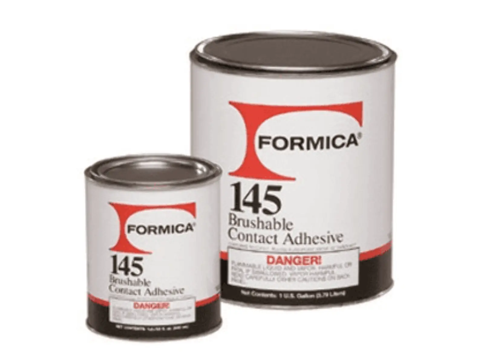 Formica Contact cement F145 flammable 20F flash point brush and roller grade. Meets Consumer Products Safety Commission labeling standards. 3.78L. 642386.