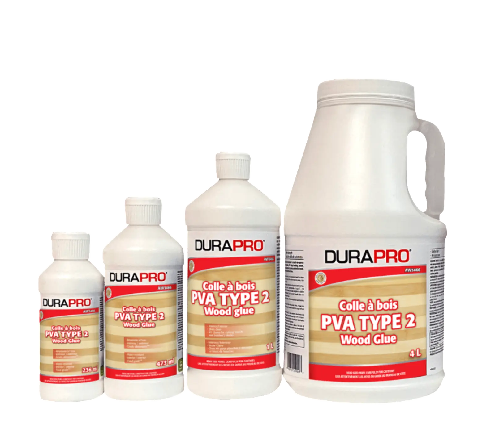 Dural Wood Glue Dura Pro AW3466, Type-2 PVA,

Water-resistant Type 2
– Indoor & Outdoor
– Ideal for countertop miters, cutting boards, floating floors

DURAPRO AW3466 is a precatalized crosslinkable polyvinyl acetate based adhesive that provides good water-resistance and excellent bond strength. AW3466 is suitable for end products that are intended to be exposed to weather occasionally, and for interior projects where moderate humidity or water resistance is beneficial. #1 choice for cutting boards. 4L. 640225.
